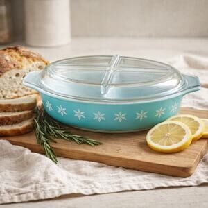 Pyrex Turquoise Snowflake 1 1/2 Qt Oval Divided Casserole Dish with Lid